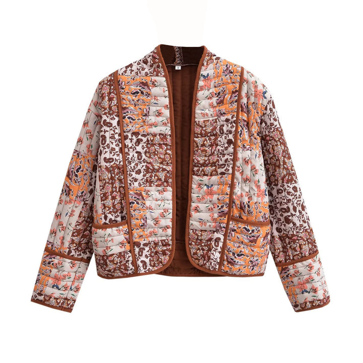 Damen Gesteppte Patchwork‑Steppjacke mit Blumenprint, offener Kimono‑Silhouette und aufgesetzten Taschen Echo Archiv
