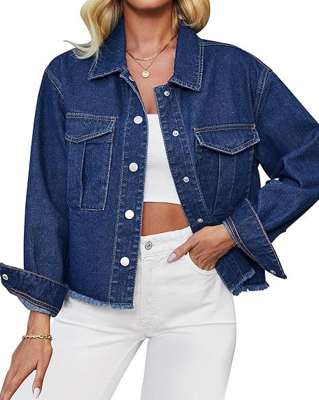 Damen Cropped Denimjacke mit Fransenabschluss und aufgesetzten Brusttaschen Echo Archiv