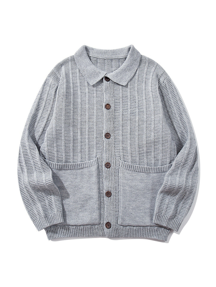 Unisex Strukturiertes Strickcardigan mit Hemdkragen und aufgesetzten Taschen Echoarchiv