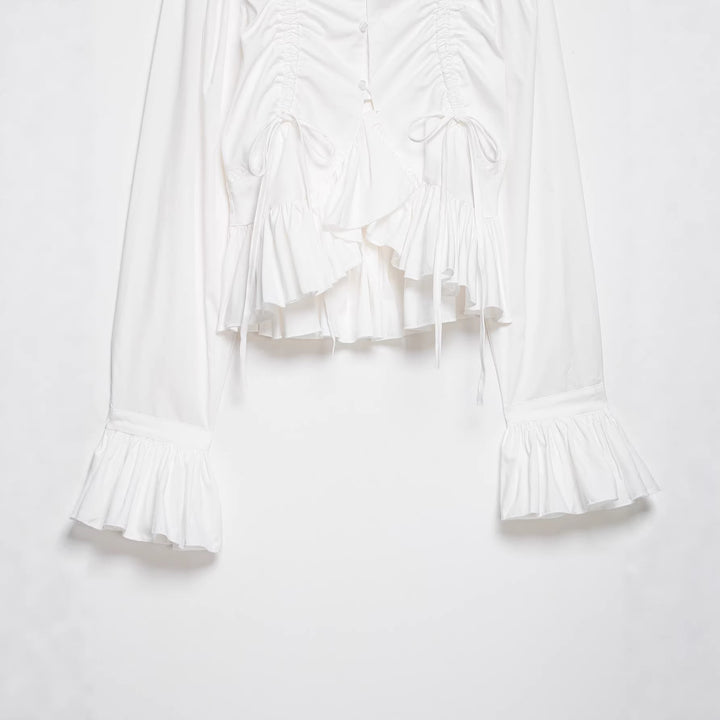 Damen Kurze geraffte Bluse mit Kordelzug, Rüschen und Ballonärmeln Echoarchiv