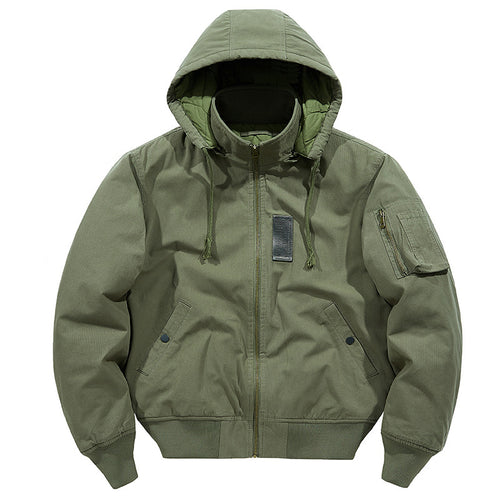 Herren Canvas-Field-Bomberjacke mit Kapuze, Utility-Ärmeltasche und geripptem Saum – Brevano