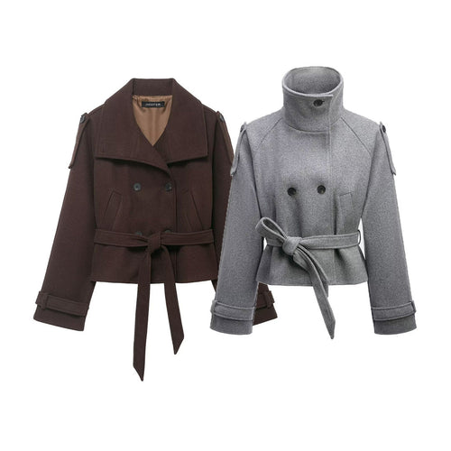 Damen Cropped Wollmix‑Kurzmantel mit hohem Stehkragen, Epauletten und Taillengürtel Echoarchiv