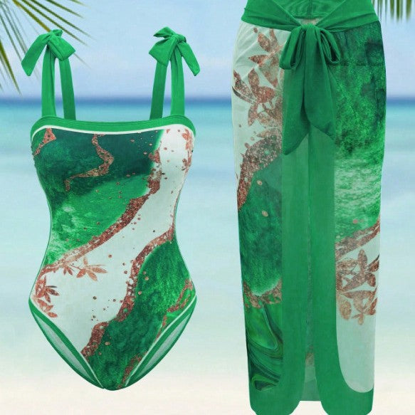 Damen Eleganter Einteiler Badeanzug mit passendem Strandrock Echo Archiv