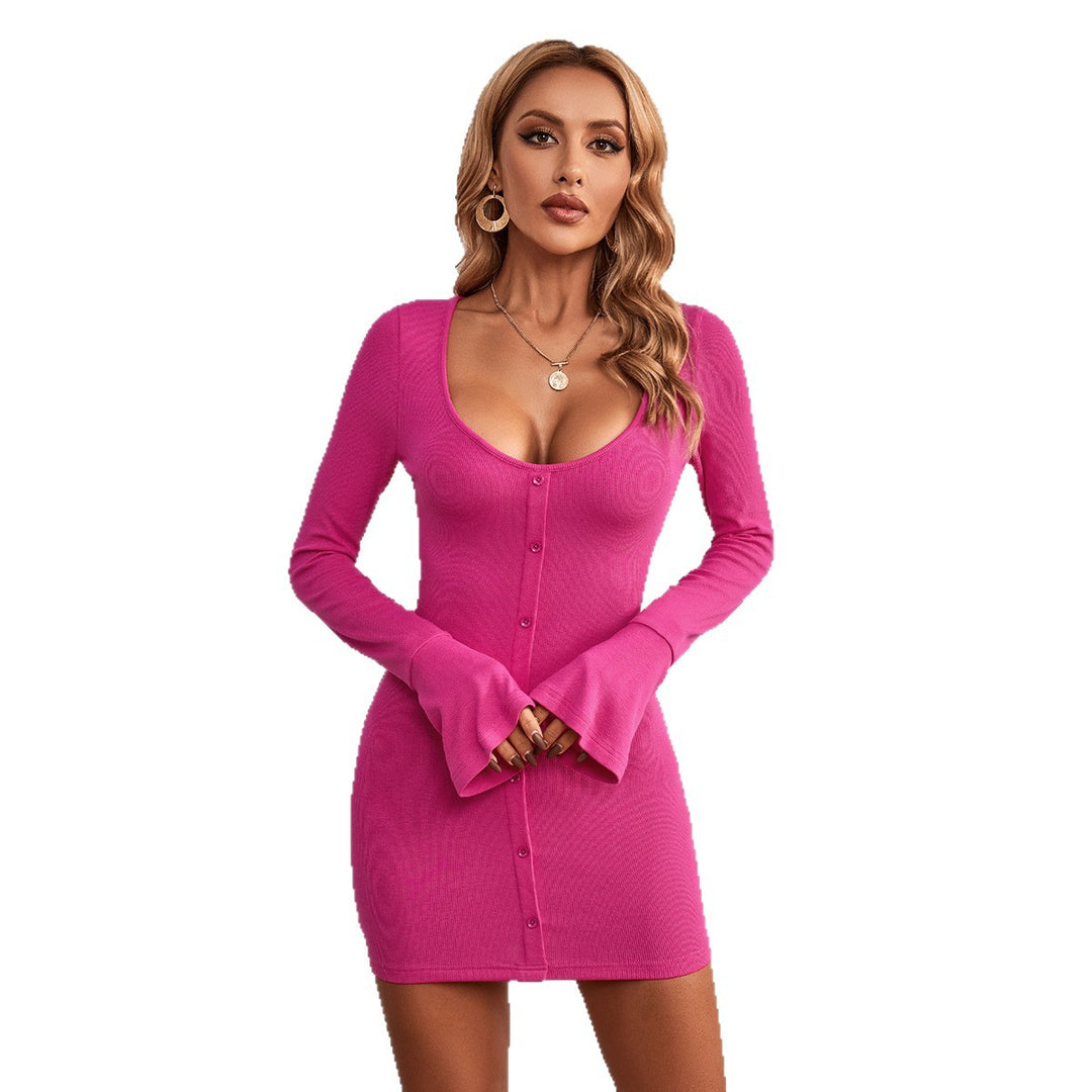 Damen figurumschmeichelndes Bodycon-Minikleid mit durchgehender Knopfleiste, U‑Ausschnitt und Trompetenärmeln – Élara
