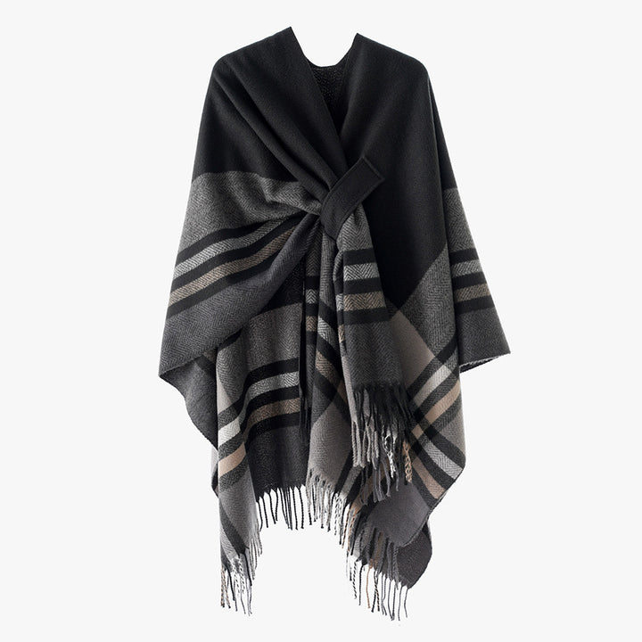 Damen Cape-Umhang aus Wollmix mit Bindegürtel und Karodessin Echo Archiv