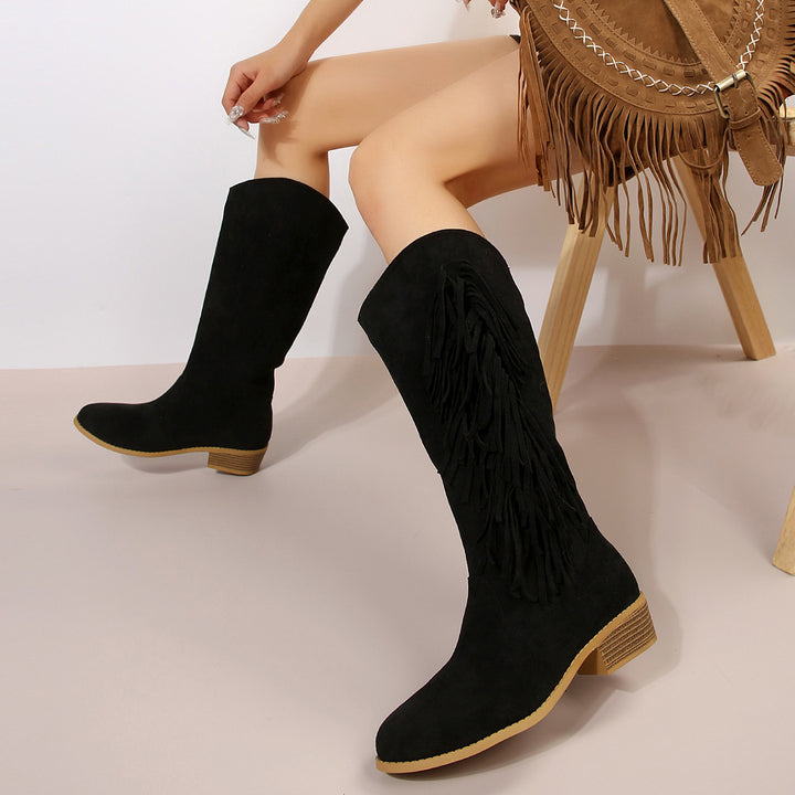 Damen knielange Wildlederimitat-Stiefel mit langen Fransen, mittlerem Blockabsatz und gepolstertem Komfortfußbett Echo Archiv