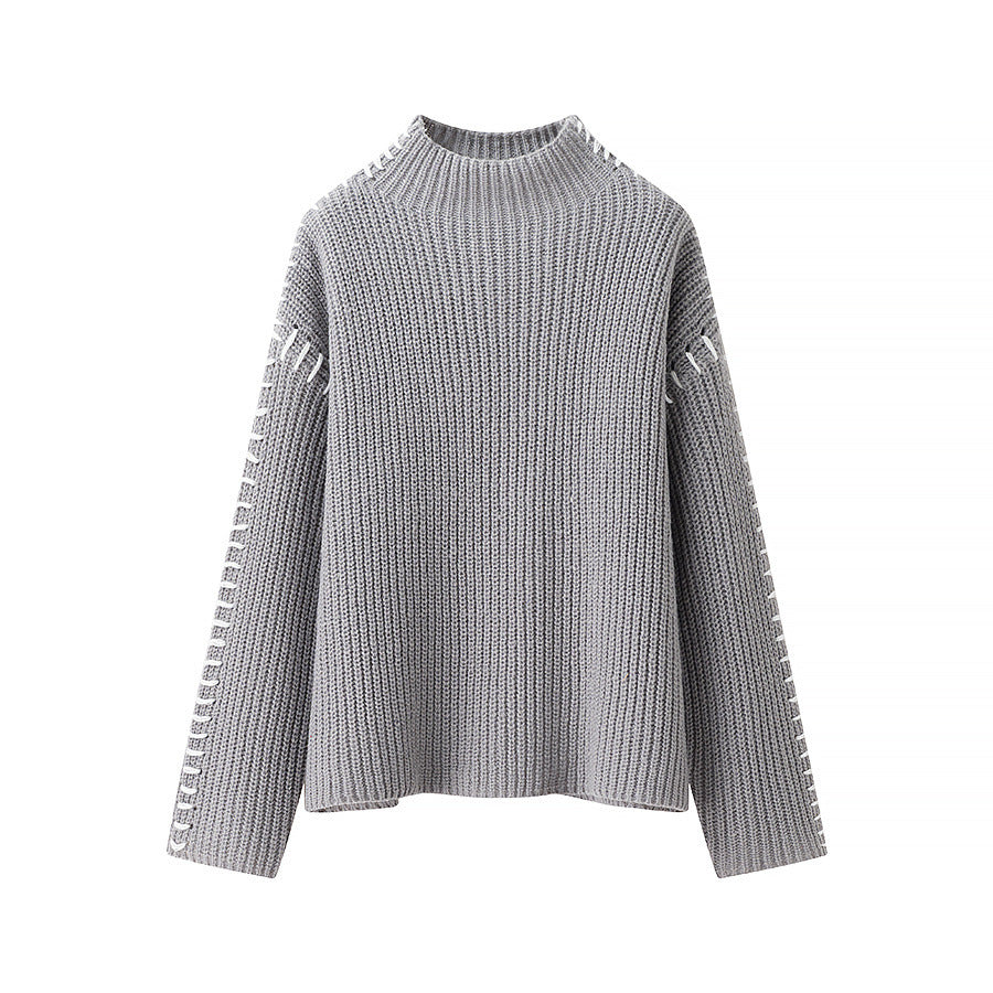 Damen nan grober Strickpullover mit Stehkragen, oversized Schnitt und dekorativer Seitenstich-Ärmelnaht Echo Archiv