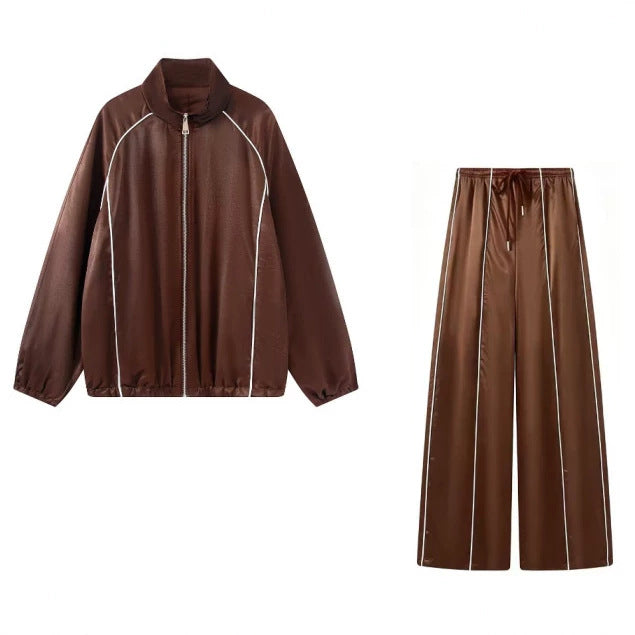 Damen Zweiteiliges Satin-Trainingsset mit Reißverschlussjacke und weitem Trackpant Echoarchiv
