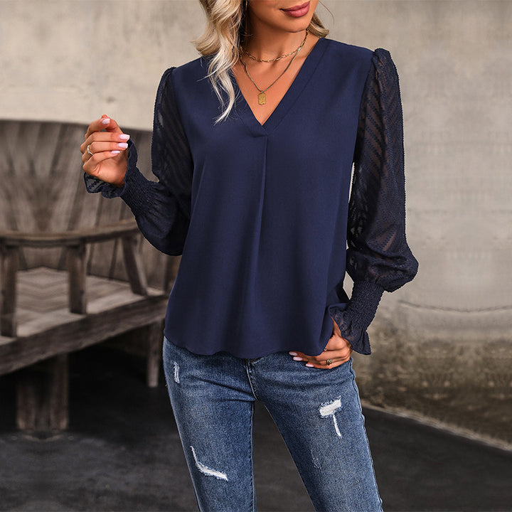 Damen Lockeres V-Ausschnitt-Chiffonblusenshirt mit transparenten Ballonärmeln und Smokbündchen Echoarchiv
