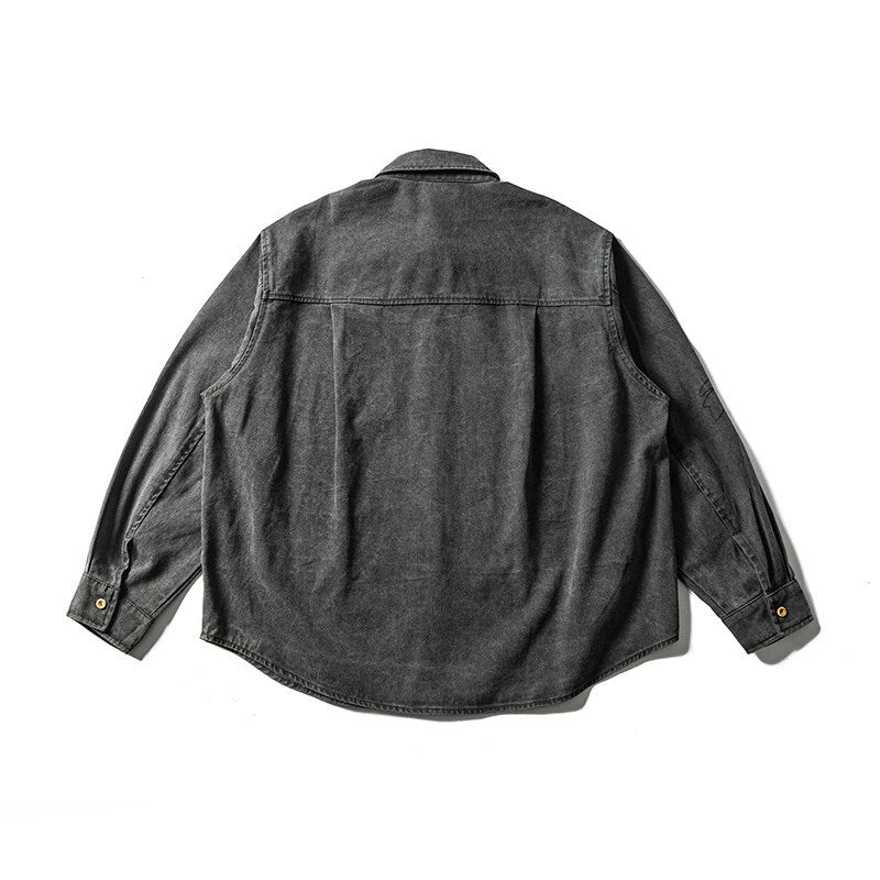 Unisex Oversize Hemdjacke mit gestickten Blattmotiven und abgerundetem Saum Echoarchiv