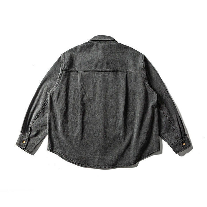Unisex Oversize Hemdjacke mit gestickten Blattmotiven und abgerundetem Saum Echoarchiv