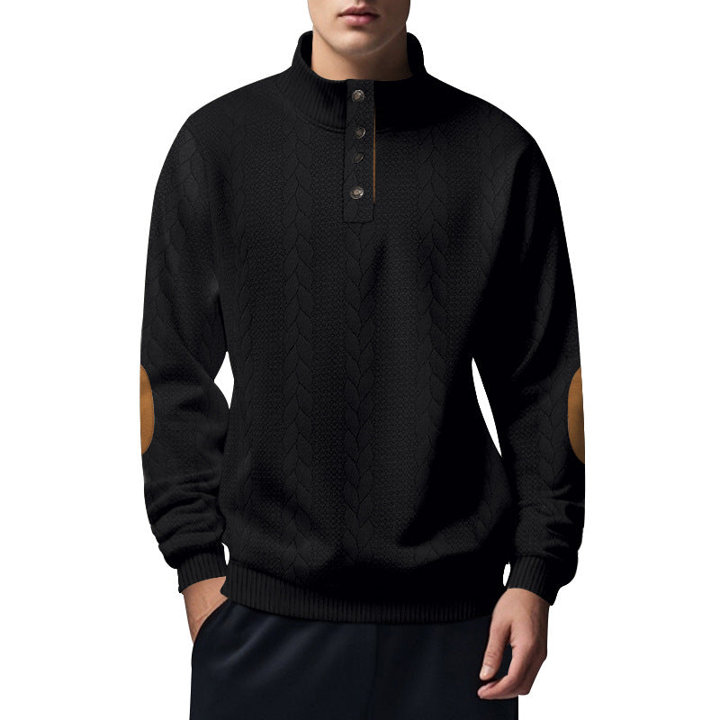 Herren nan strukturiertes Kabelstrick-Henley-Pullover mit Stehkragen und Ellbogenpatches Echo Archiv