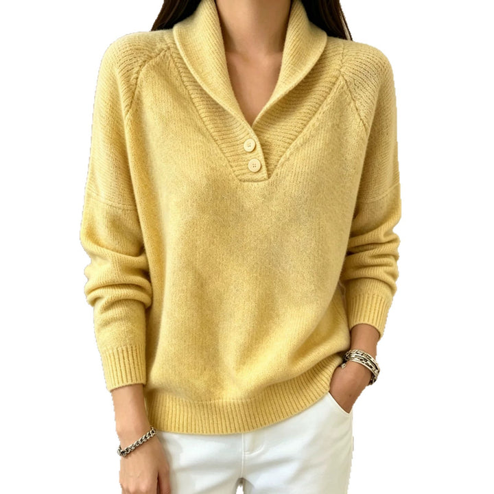 Damen Weicher Schalkragen‑Pullover mit halber Knopfleiste und Raglanärmeln – Mavelle