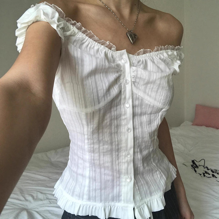 Damen Off-Shoulder Bluse mit Rüschensaum und Knopfdetails Echo Archiv