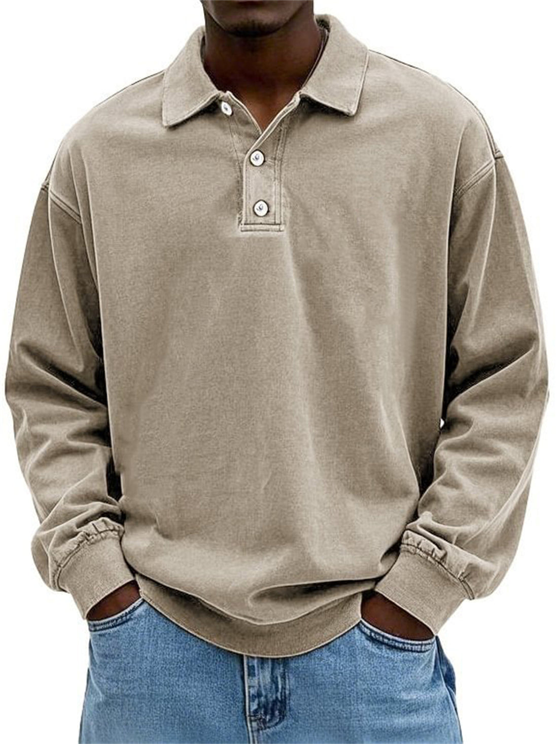 Herren Oversize Denim-Look Polo-Sweatshirt mit kurzer Knopfleiste und elastischen Bündchen EB – Norvane