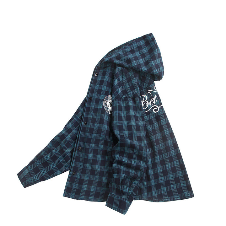 Unisex Kariertes Kapuzen-Overshirt aus Flanell mit Logostickerei und Oversize-Schnitt Echoarchiv
