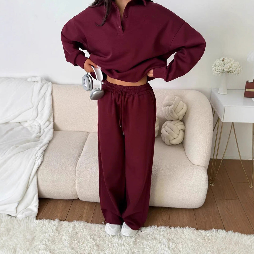 Damen weites Polo-Lounge-Set mit elastischem Tunnelzugbund und Wide‑Leg-Jogginghose – Avérine