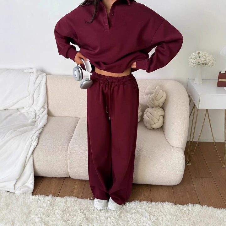 Damen weites Polo-Lounge-Set mit elastischem Tunnelzugbund und Wide‑Leg-Jogginghose – Avérine