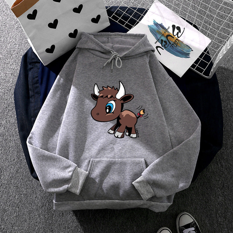 Damen Kapuzenpullover mit charmantem Stier-Karikaturprint, Kängurutasche und entspanntem Oversize-Schnitt – Auréline
