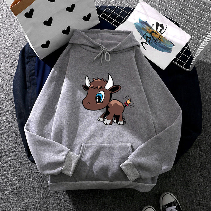Damen Kapuzenpullover mit charmantem Stier-Karikaturprint, Kängurutasche und entspanntem Oversize-Schnitt – Auréline