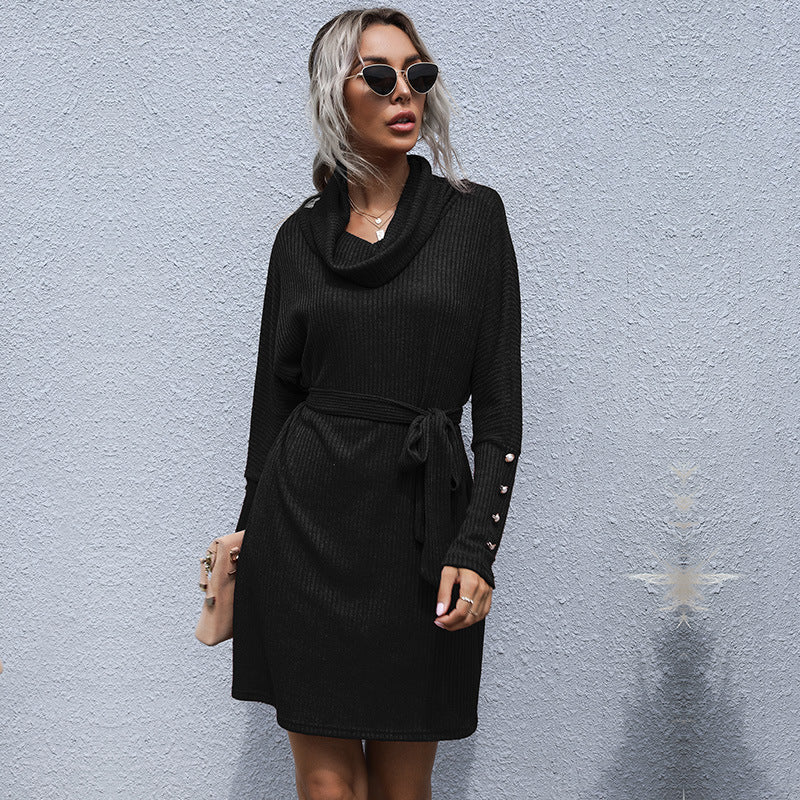 Damen Strickkleid mit weitem Rollkragen, Bindegürtel und Oversize-Ärmeln Echoarchiv