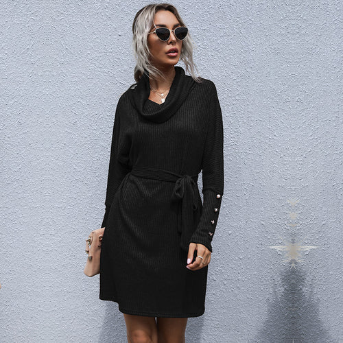 Damen Strickkleid mit weitem Rollkragen, Bindegürtel und Oversize-Ärmeln Echoarchiv