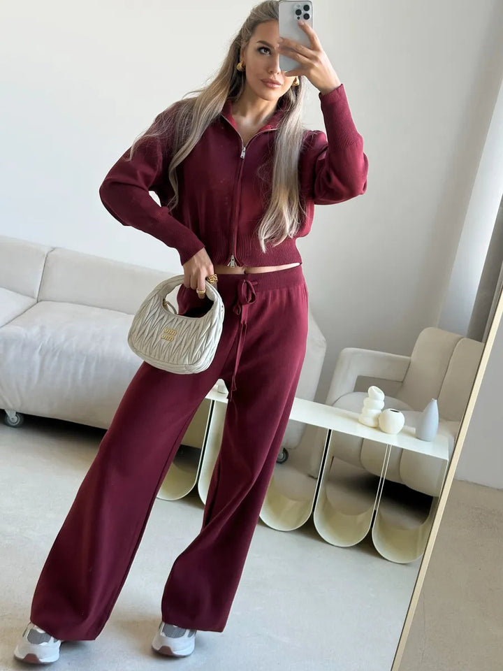 Damen gestricktes Lounge-Set mit kurzem Reißverschluss-Cardigan und weitem High-Waist-Jogginghose – Élanora