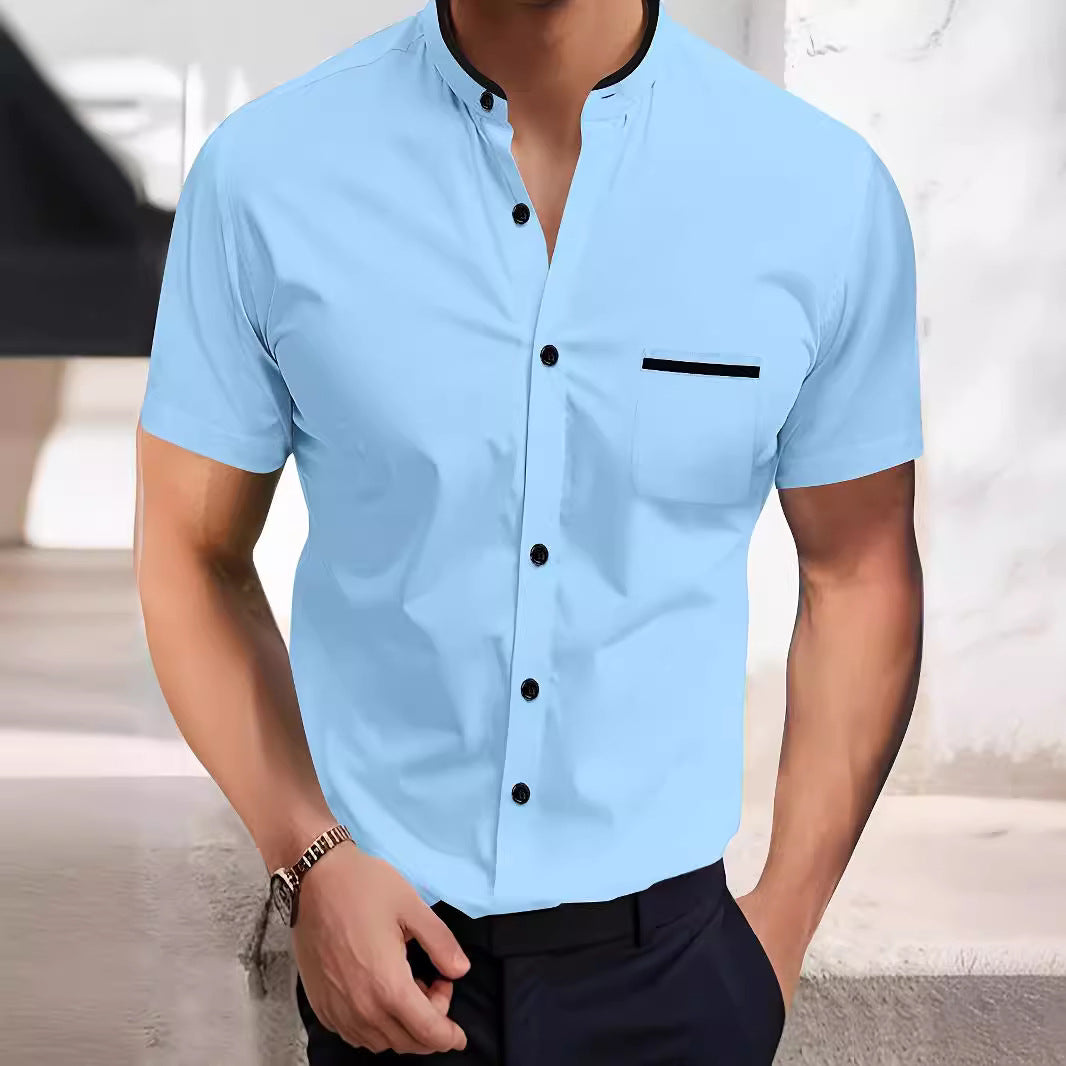 Herren Kurzarmhemd mit modernem Stehkragen und kontrastierenden Details Echoarchiv