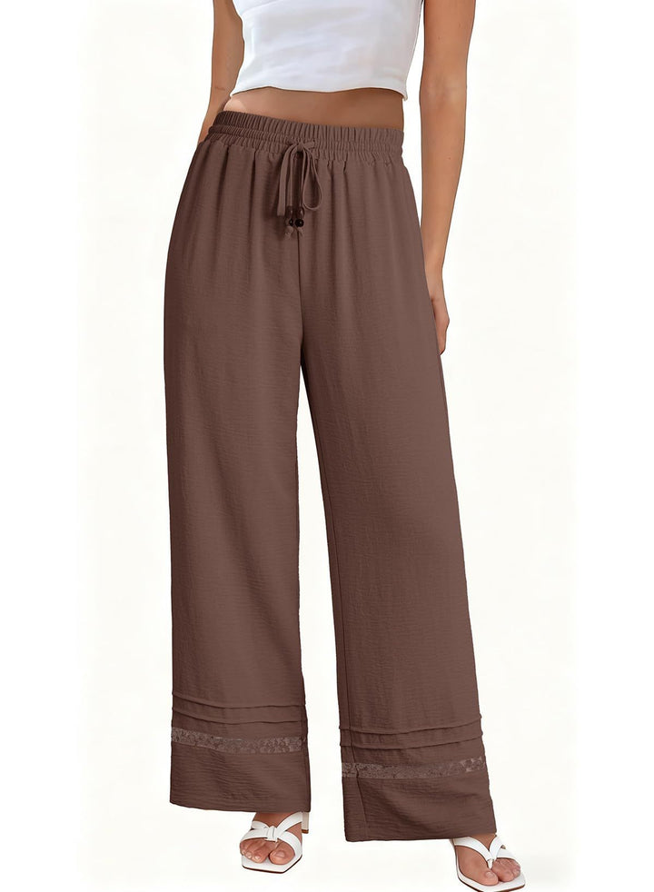 Damen Weite Leinenoptik-Hose mit hohem Gummibund, Bindekordel und Spitzeneinsatz Echo Archiv