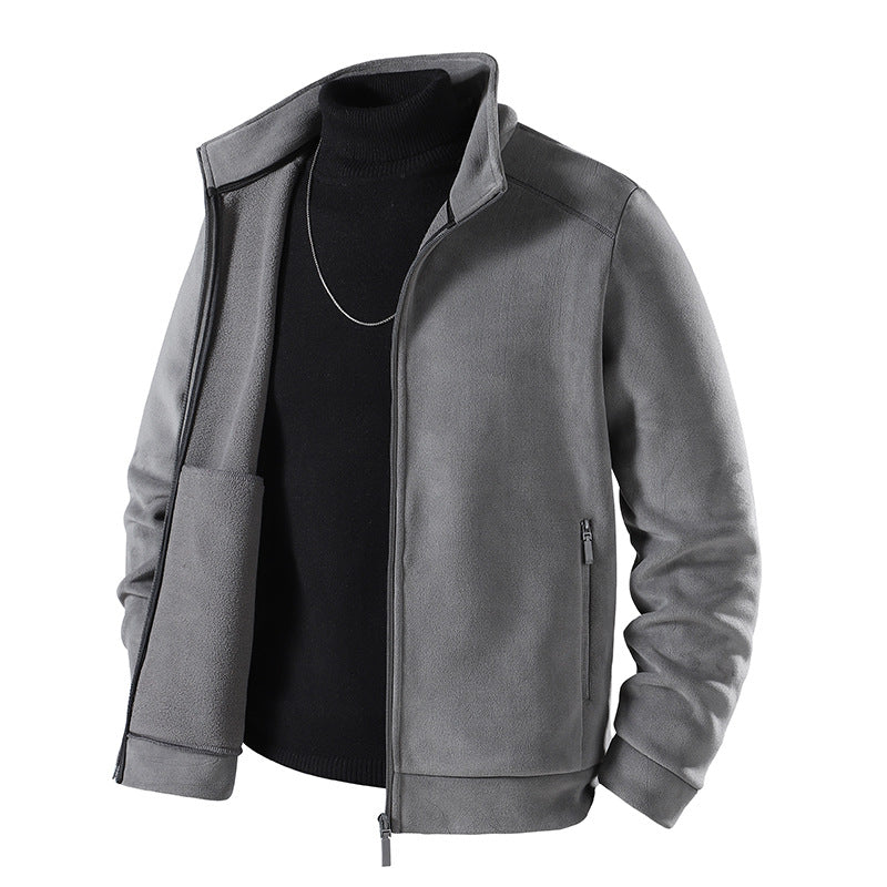Herren Schlichte Velours-Optik Übergangsjacke mit hochschließendem Stehkragen, verdecktem Zwei-Wege-Reißverschluss & Zip-Taschen Echoarchiv