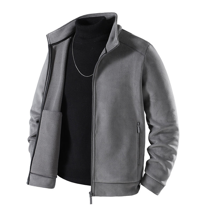 Herren Schlichte Velours-Optik Übergangsjacke mit hochschließendem Stehkragen, verdecktem Zwei-Wege-Reißverschluss & Zip-Taschen Echoarchiv
