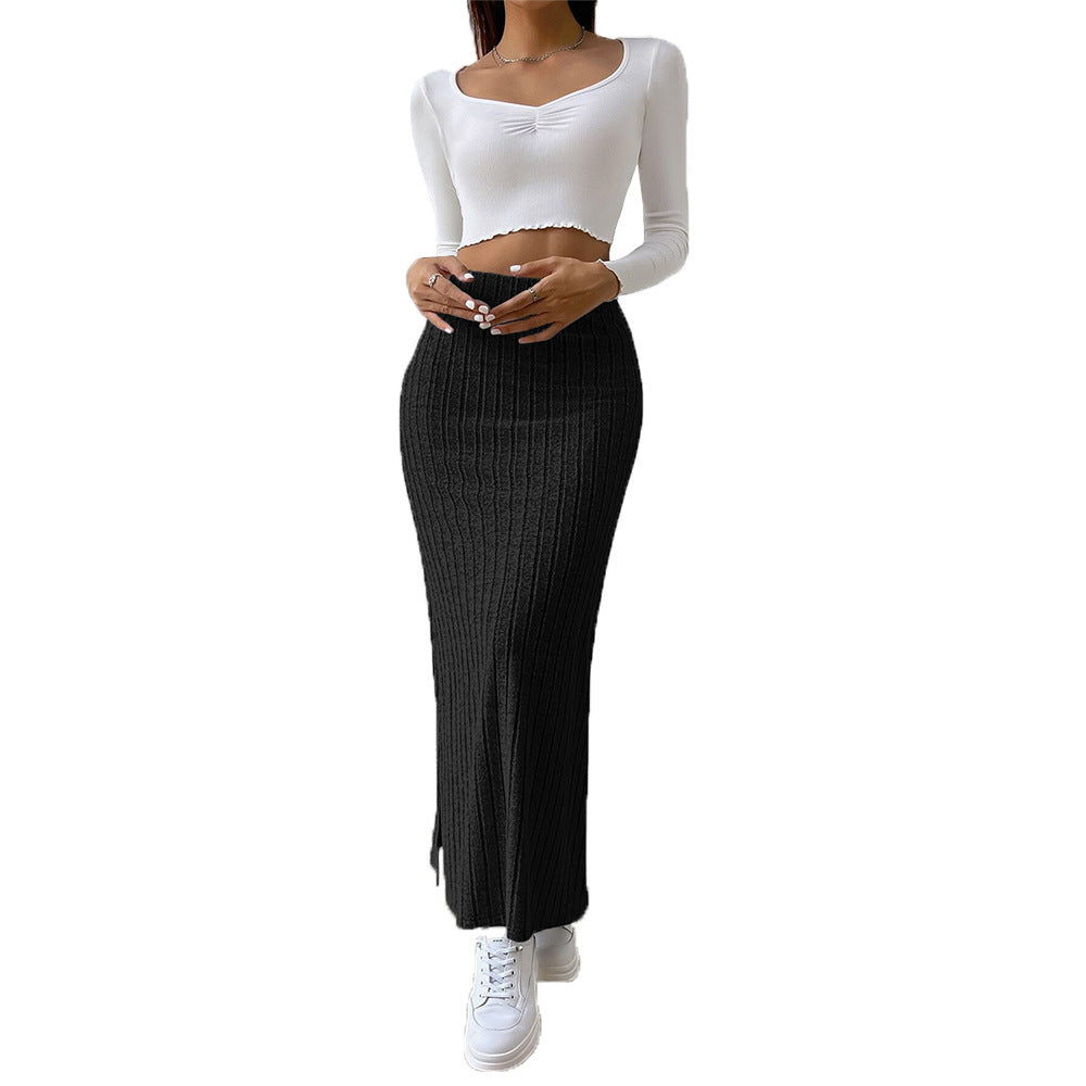 Damen gerippter Maxi-Rock mit hohem Bund, taillierter Stretchpassform und schmeichelnder Längsrippe – Valéora