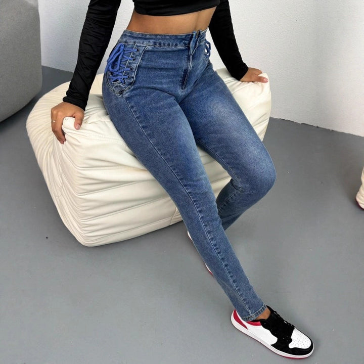 Damen High-Waist Slim-Jeans mit seitlicher Korsett-Schnürung und sculptendem Stretchbund Echo Archiv