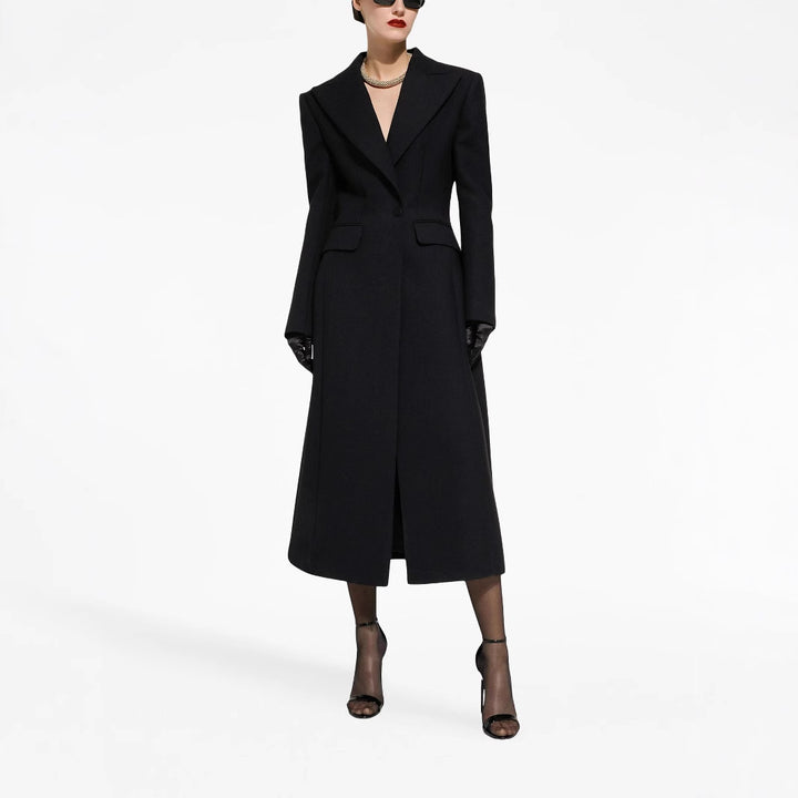 Damen Taillierter Longline-Mantel mit spitzem Revers und Gehschlitz Echoarchiv