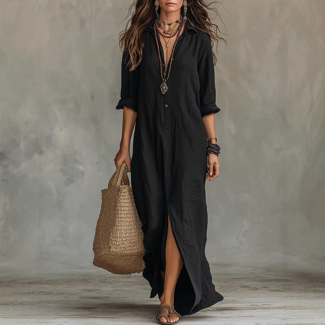 Damen Langes Hemdkleid mit Knopfverschluss und seitlichem Schlitz Echoarchiv
