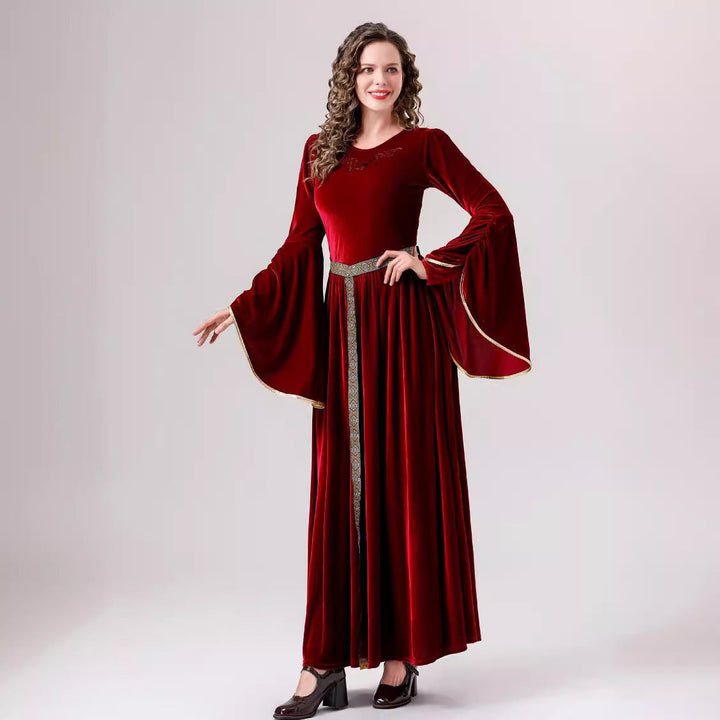 Damen elegantes Samtkleid mit Weitem Ärmel und Ziergürtel – Élara