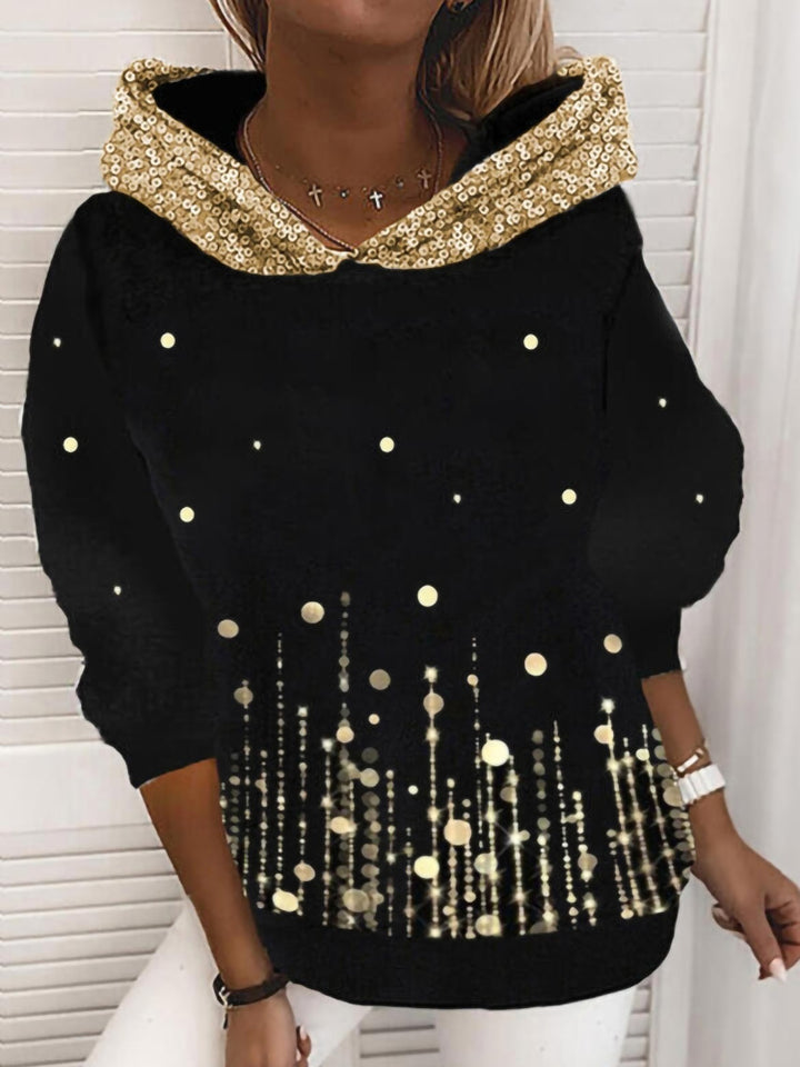Damen Halloween Kapuzenpullover mit Kürbis- und Katzenprint, Paillettenbesatz und Oversize-Schnitt – Auréline
