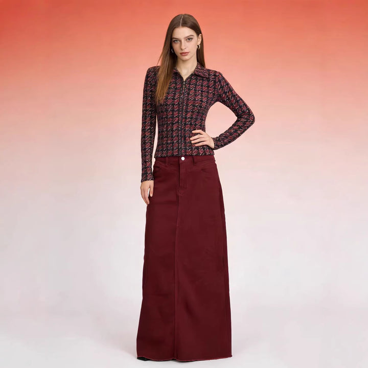 Damen nan langer High-Waist Denim-Maxirock mit gerader Silhouette und rohem Saum Echo Archiv