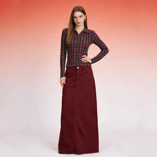 Damen nan langer High-Waist Denim-Maxirock mit gerader Silhouette und rohem Saum Echo Archiv