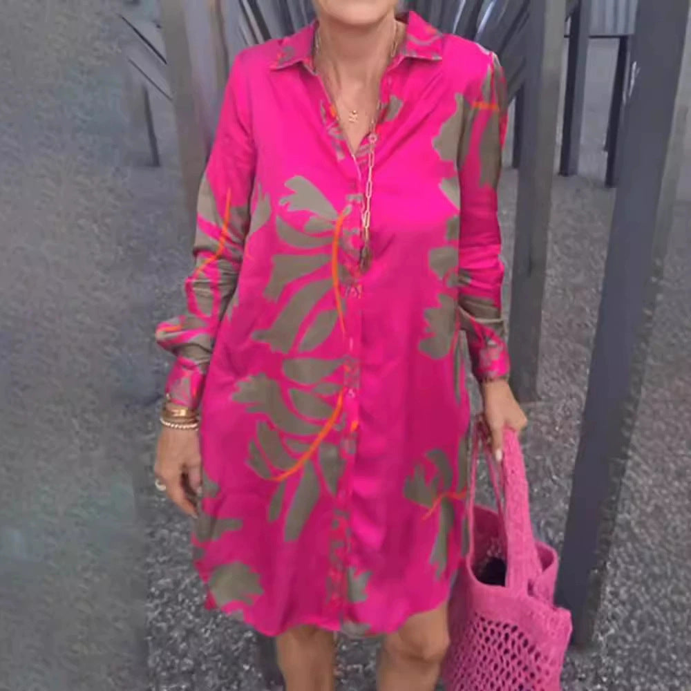 Damen nan kurzes Tunika-Hemdkleid in Satinoptik mit großflächigem Blattprint, Hemdkragen und lockerer A-Linie Echo Archiv