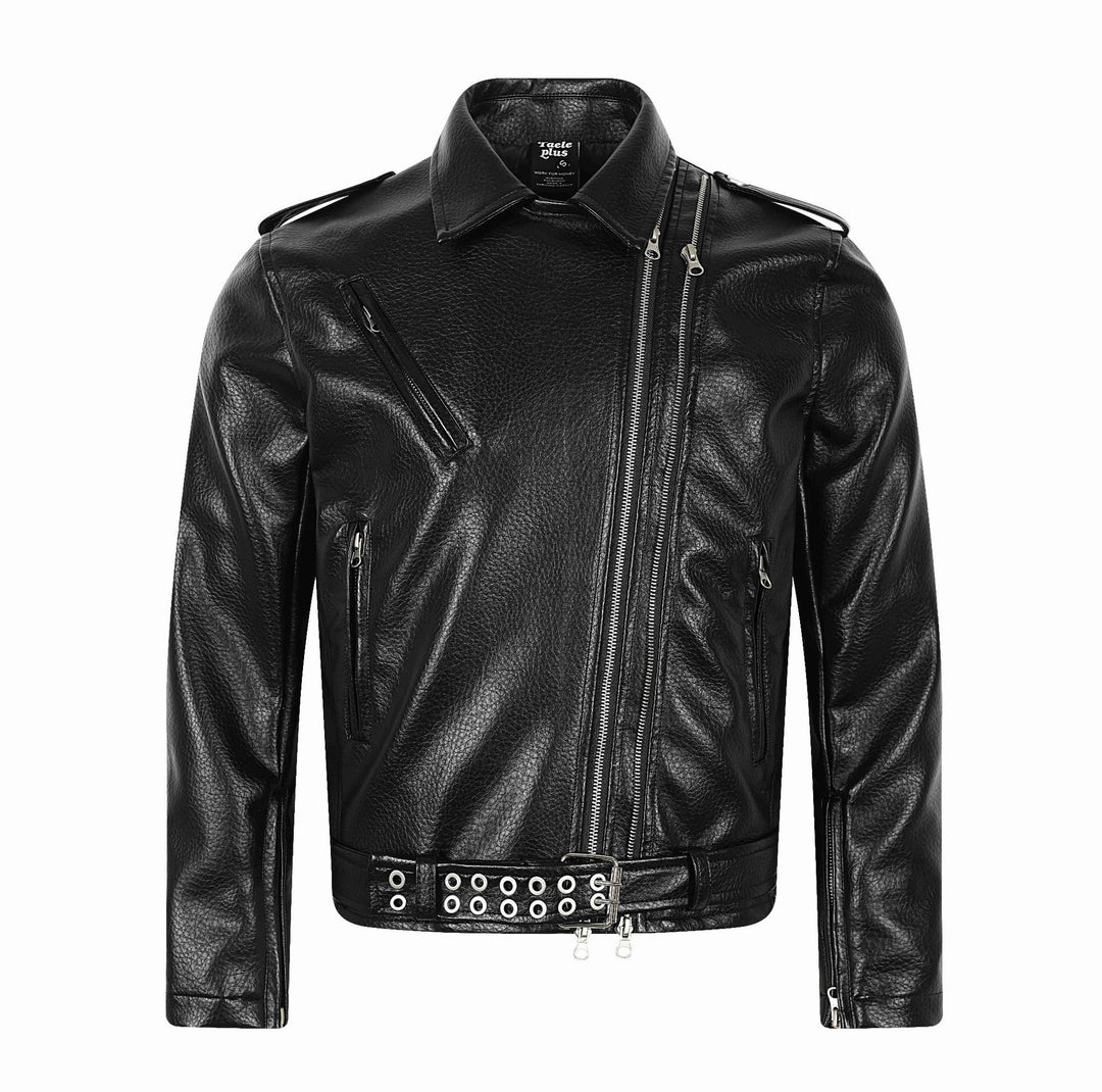 Herren Asymmetrische Bikerjacke aus Kunstleder mit Nietenbund und mehrfachen Reißverschlüssen Echoarchiv
