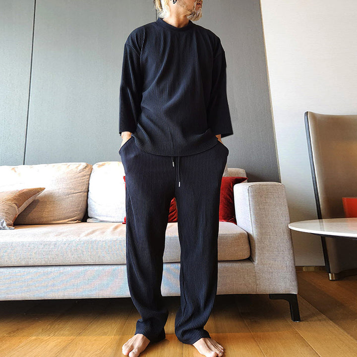 Herren Geripptes Lounge-Set mit Oversized-Langarmshirt und verkürzter Relax-Hose Echoarchiv