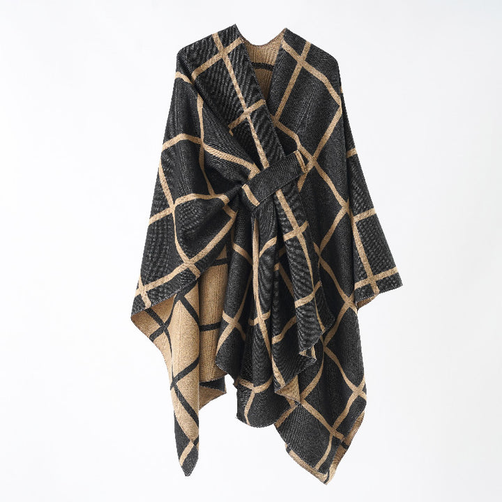 Damen Oversize Wollmix Poncho mit Gürtel und Karomuster Echo Archiv