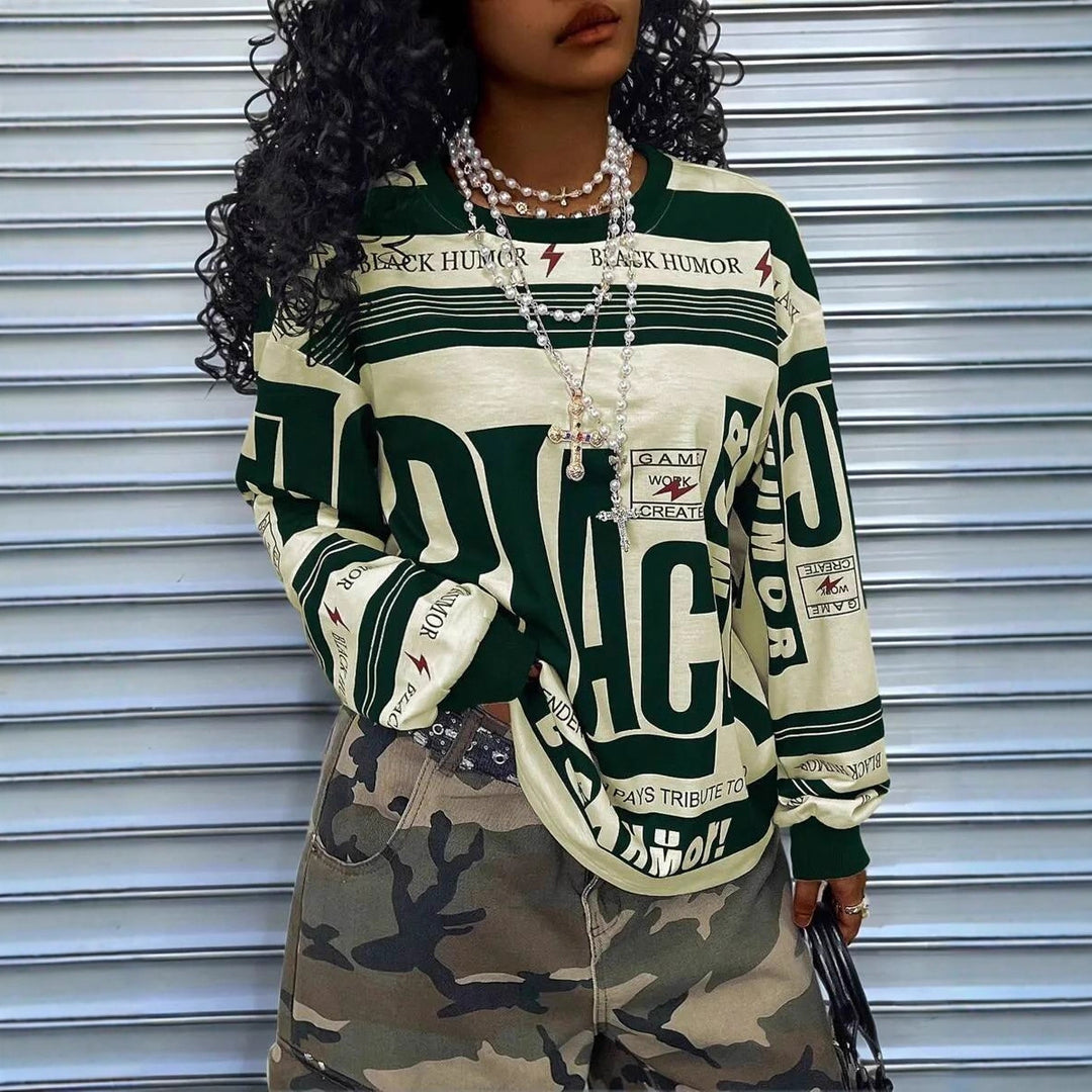 Damen Oversize‑Longsleeve Sweatshirt mit Allover‑Grafik, Rundhalsausschnitt und gerippten Bündchen – Avérine