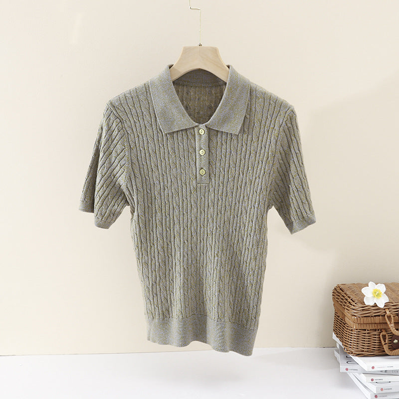 Damen Kurzärmeliges Strick-Poloshirt mit Zopfmuster und Knopfleiste Echo Archiv