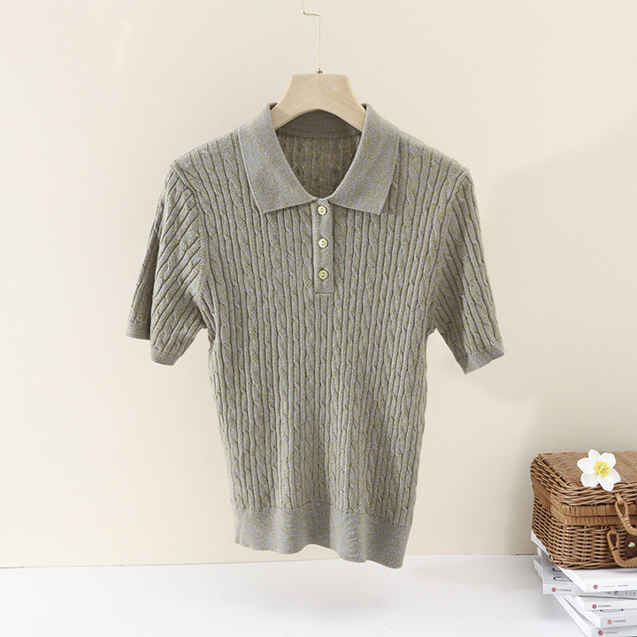 Damen Kurzärmeliges Strick-Poloshirt mit Zopfmuster und Knopfleiste Echo Archiv
