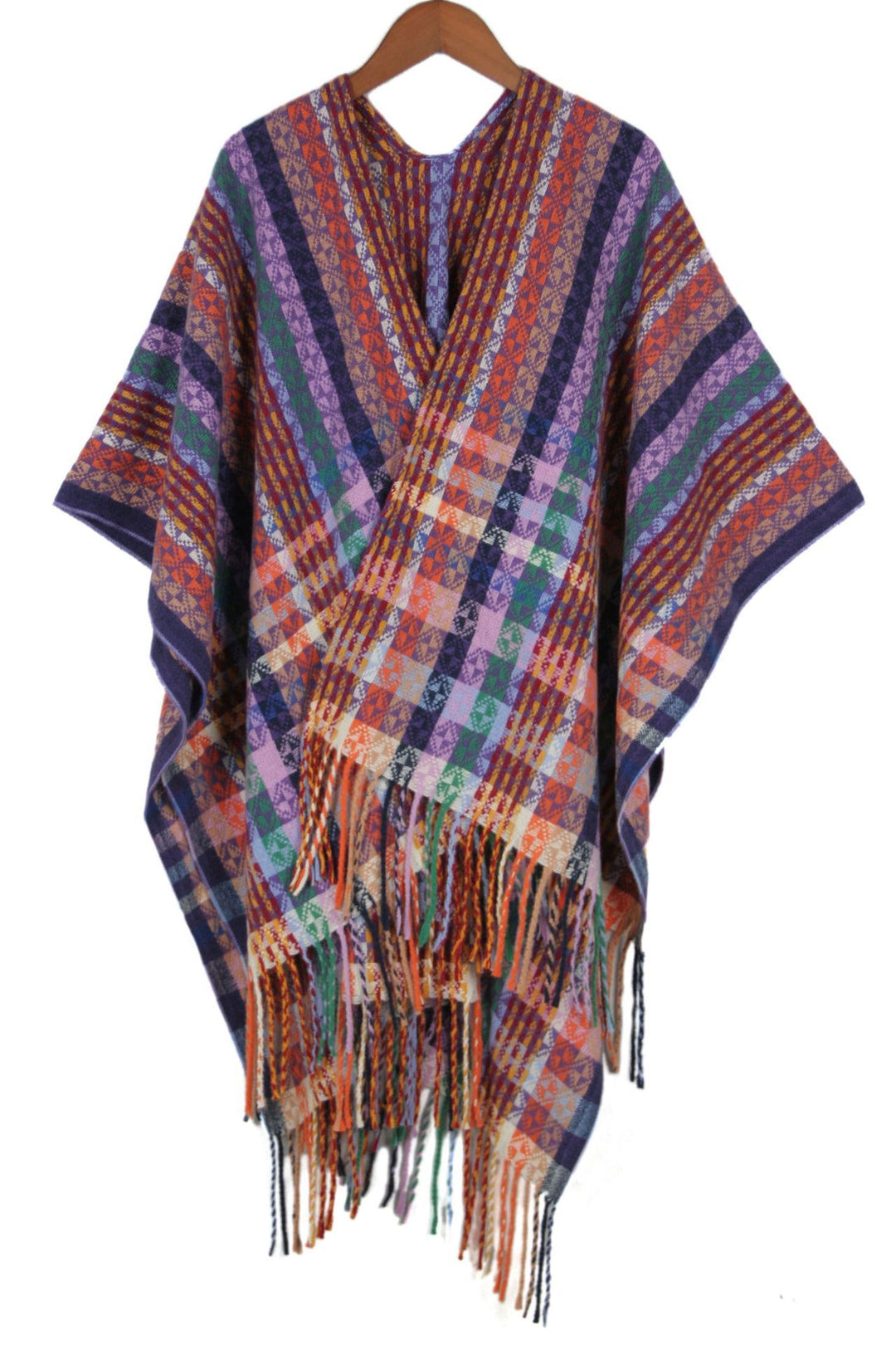 Damen Mehrfarbiger Web‑Poncho im Boho‑Patchwork‑Design mit Fransen Echo Archiv