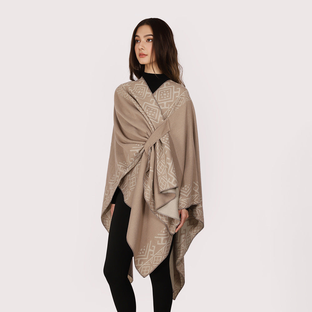 Damen Reversibler Wollmix-Cape mit Bindeschlaufe und feinem Jacquardmuster – Avérine