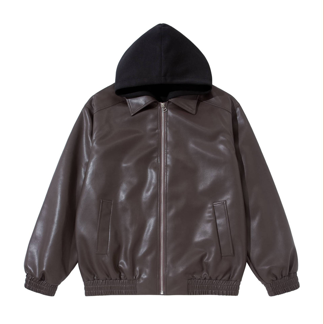 Herren Boxy-Lederblouson mit angenähter Jersey-Kapuze und geripptem Saum Echoarchiv