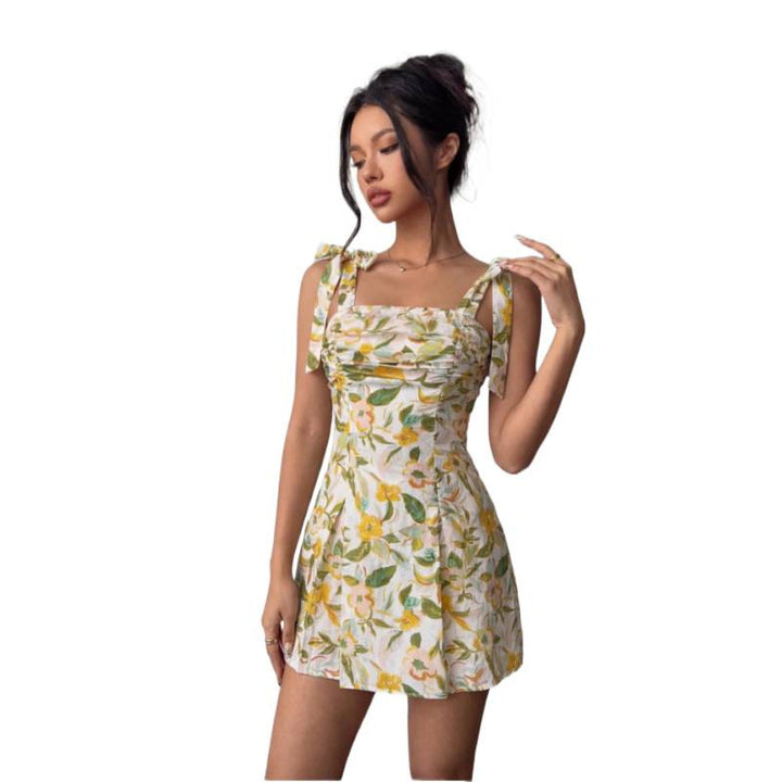 Damen Minikleid mit ärmellosen Bindeschultern und floralem Design Echo Archiv